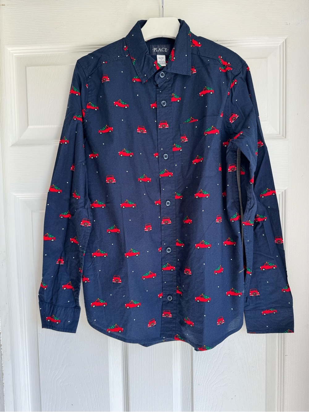 The Children's Place Boys Navy Button-Down Shirt with Red Car Print